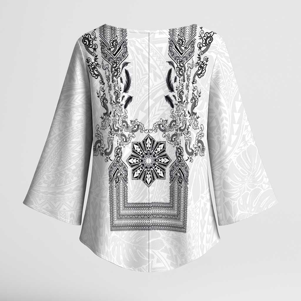 Philippines Barong Style Kimono Sleeve Blouse with Polynesian Art and Leaf Motif Black-White Color