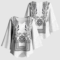 Philippines Barong Style Kimono Sleeve Blouse with Polynesian Art and Leaf Motif Black-White Color