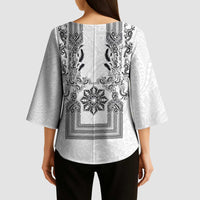 Philippines Barong Style Kimono Sleeve Blouse with Polynesian Art and Leaf Motif Black-White Color