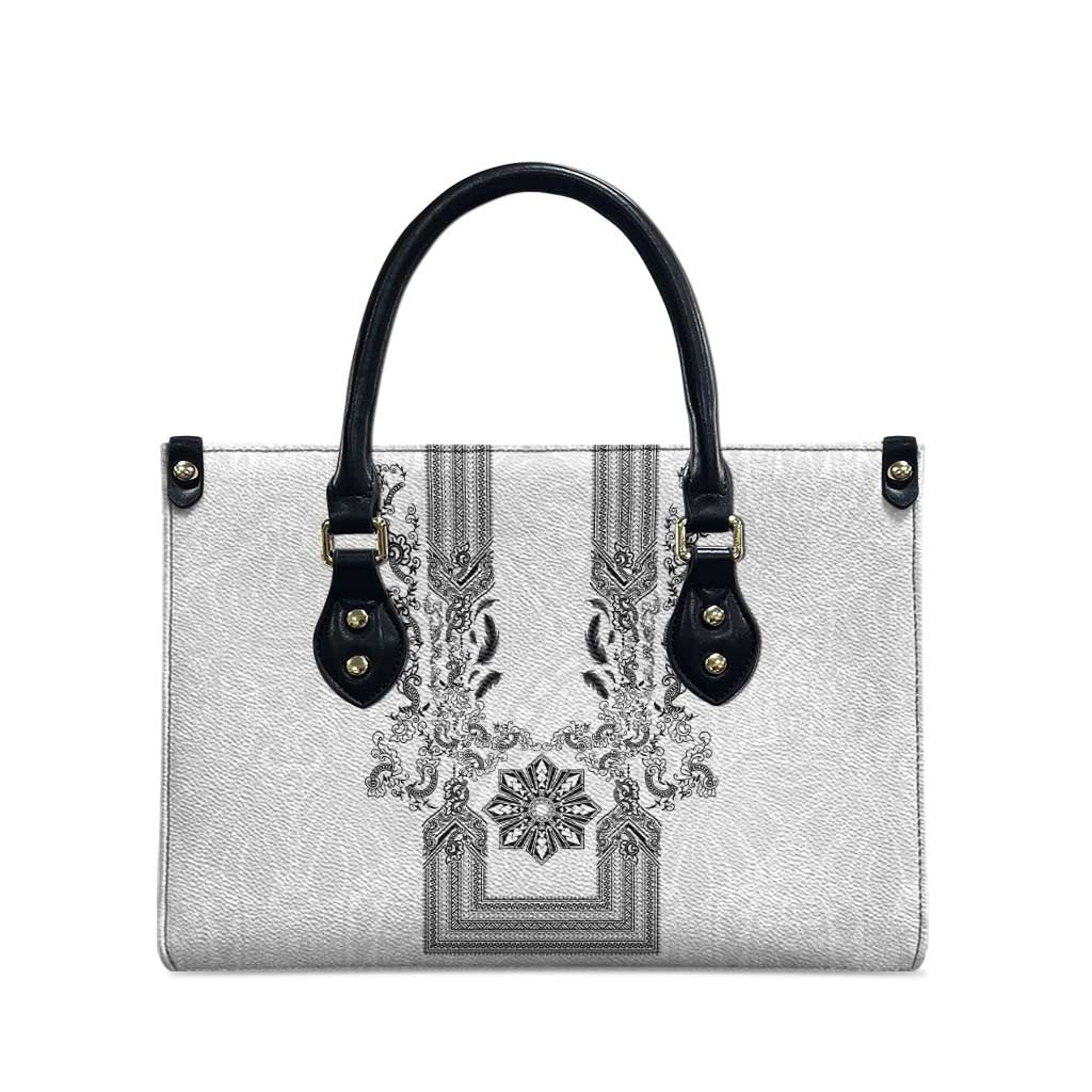 Philippines Barong Style Leather Bag with Polynesian Art and Leaf Motif Black-White Color