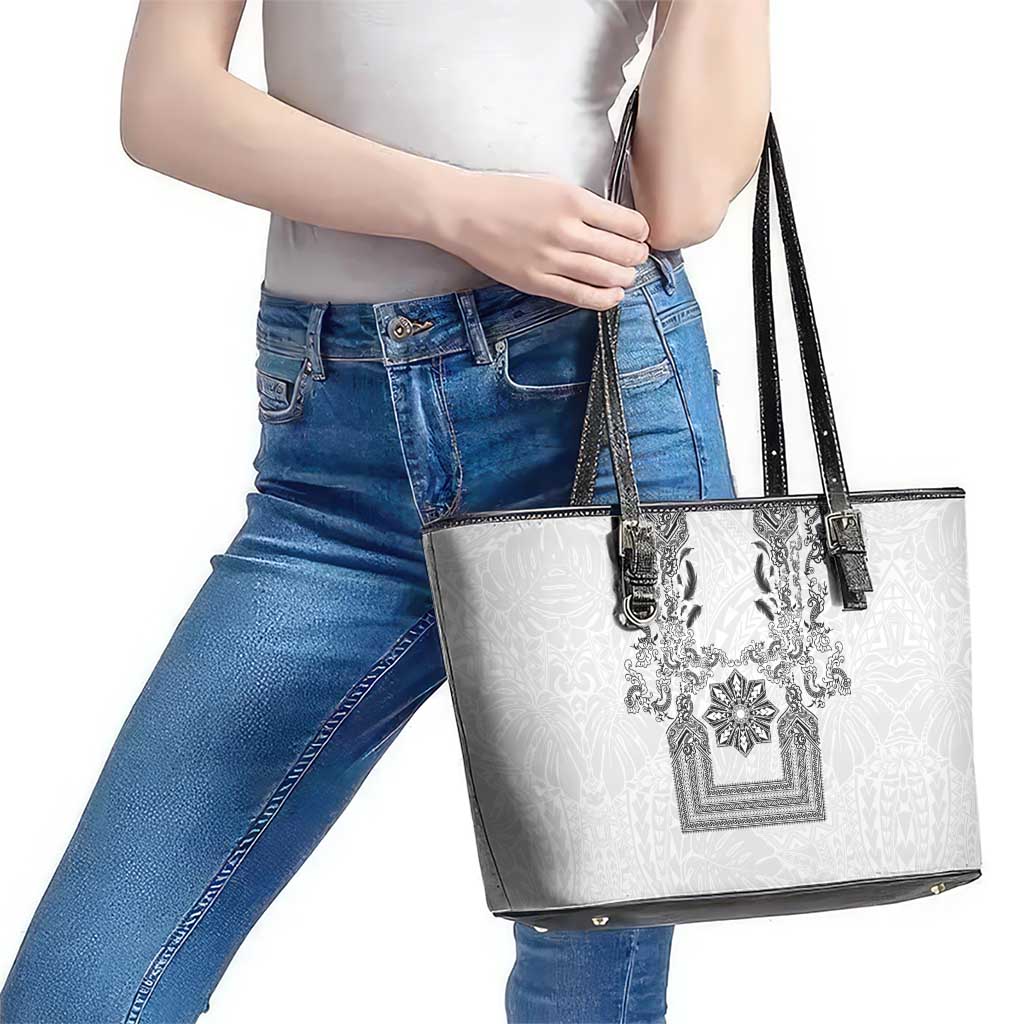 Philippines Barong Style Leather Tote Bag with Polynesian Art and Leaf Motif Black-White Color