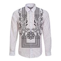 Philippines Barong Style Long Sleeve Button Shirt with Polynesian Art and Leaf Motif Black-White Color