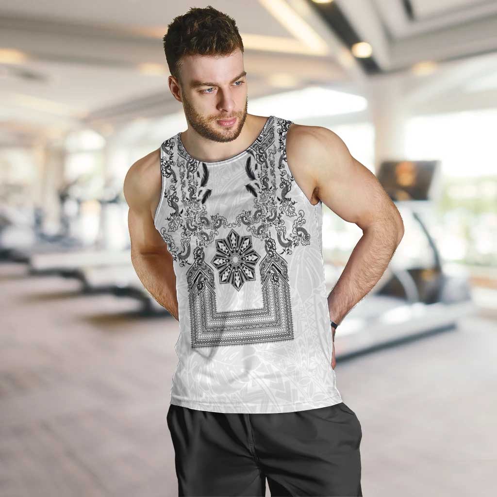 Philippines Barong Style Men Tank Top with Polynesian Art and Leaf Motif Black-White Color