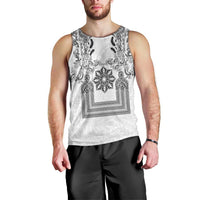 Philippines Barong Style Men Tank Top with Polynesian Art and Leaf Motif Black-White Color