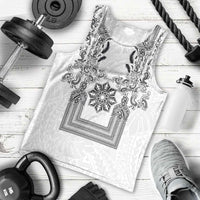 Philippines Barong Style Men Tank Top with Polynesian Art and Leaf Motif Black-White Color