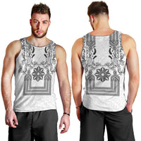 Philippines Barong Style Men Tank Top with Polynesian Art and Leaf Motif Black-White Color