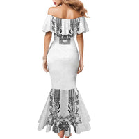 Philippines Barong Style Mermaid Dress with Polynesian Art and Leaf Motif Black-White Color