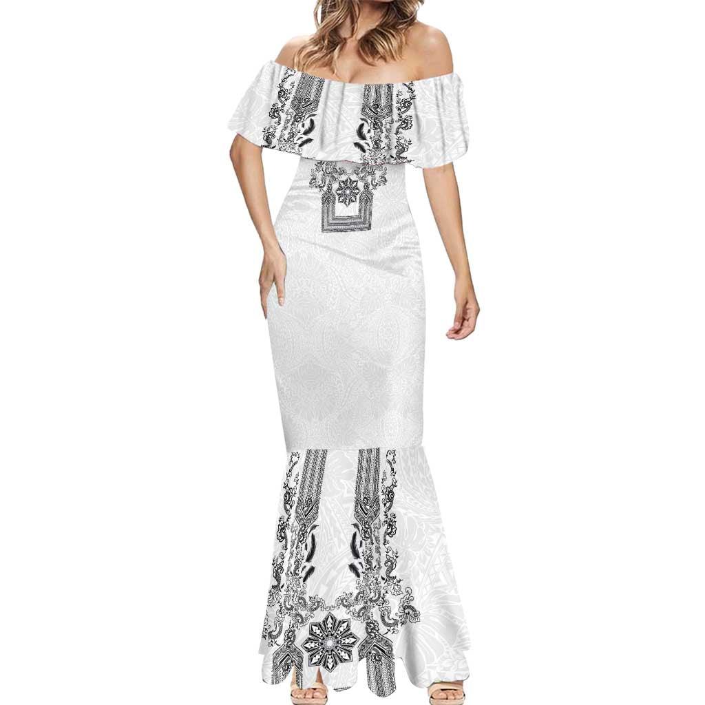 Philippines Barong Style Mermaid Dress with Polynesian Art and Leaf Motif Black-White Color