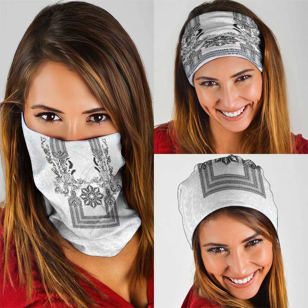 Philippines Barong Style Neck Gaiter with Polynesian Art and Leaf Motif Black-White Color