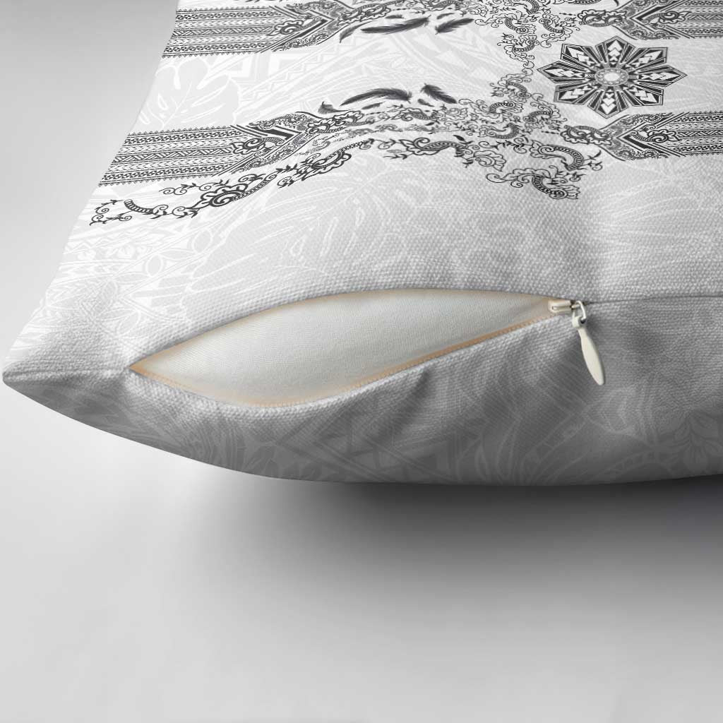 Philippines Barong Style Pillow Cover with Polynesian Art and Leaf Motif Black-White Color