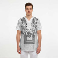 Philippines Barong Style Scrub Top with Polynesian Art and Leaf Motif Black-White Color
