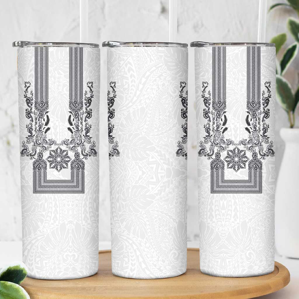 Philippines Barong Style Skinny Tumbler with Polynesian Art and Leaf Motif Black-White Color