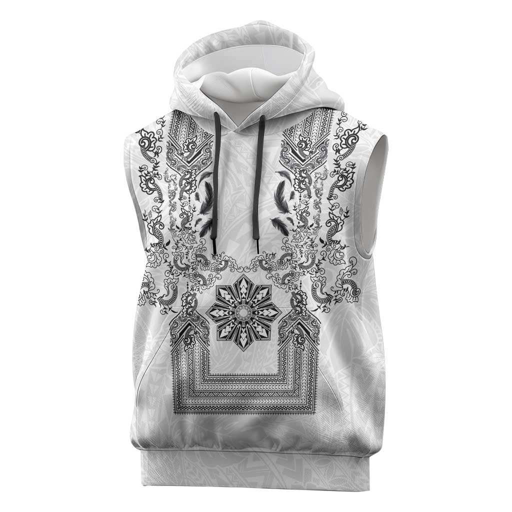 Philippines Barong Style Sleeveless Hoodie with Polynesian Art and Leaf Motif Black-White Color