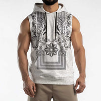Philippines Barong Style Sleeveless Hoodie with Polynesian Art and Leaf Motif Black-White Color