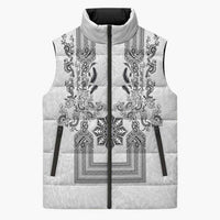 Philippines Barong Style Sleeveless Puffer Jacket with Polynesian Art and Leaf Motif Black-White Color