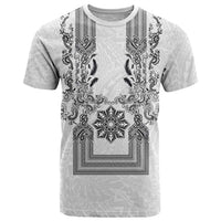 Philippines Barong Style T Shirt with Polynesian Art and Leaf Motif Black-White Color