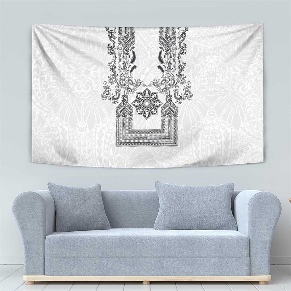 Philippines Barong Style Tapestry with Polynesian Art and Leaf Motif Black-White Color