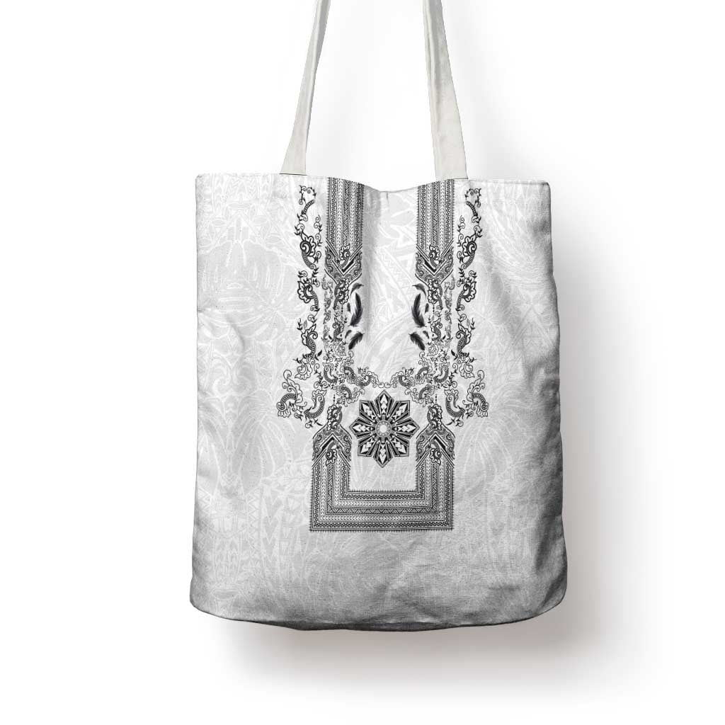 Philippines Barong Style Tote Bag with Polynesian Art and Leaf Motif Black-White Color