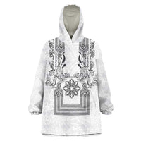 Philippines Barong Style Wearable Blanket Hoodie with Polynesian Art and Leaf Motif Black-White Color