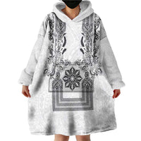 Philippines Barong Style Wearable Blanket Hoodie with Polynesian Art and Leaf Motif Black-White Color