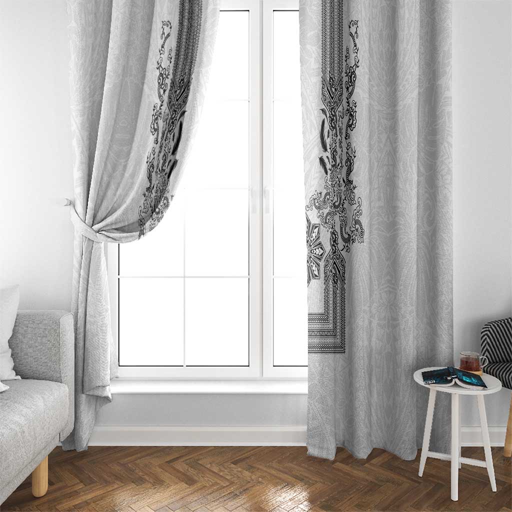 Philippines Barong Style Window Curtain with Polynesian Art and Leaf Motif Black-White Color