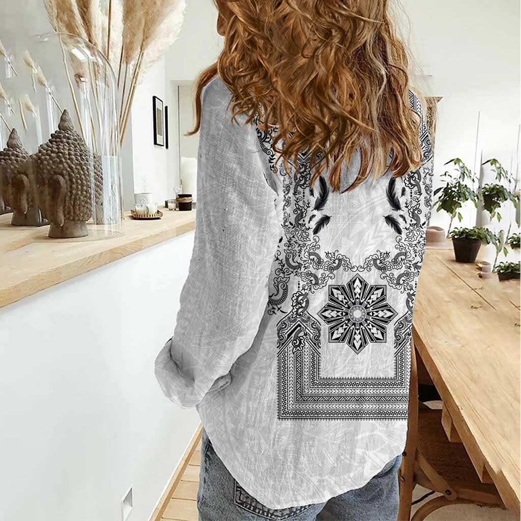 Philippines Barong Style Women Casual Shirt with Polynesian Art and Leaf Motif Black-White Color