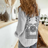 Philippines Barong Style Women Casual Shirt with Polynesian Art and Leaf Motif Black-White Color