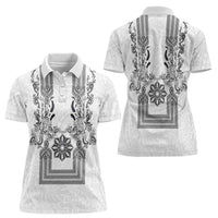 Philippines Barong Style Women Polo Shirt with Polynesian Art and Leaf Motif Black-White Color