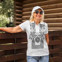 Philippines Barong Style Women Polo Shirt with Polynesian Art and Leaf Motif Black-White Color