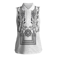 Philippines Barong Style Women Sleeveless Polo Shirt with Polynesian Art and Leaf Motif Black-White Color