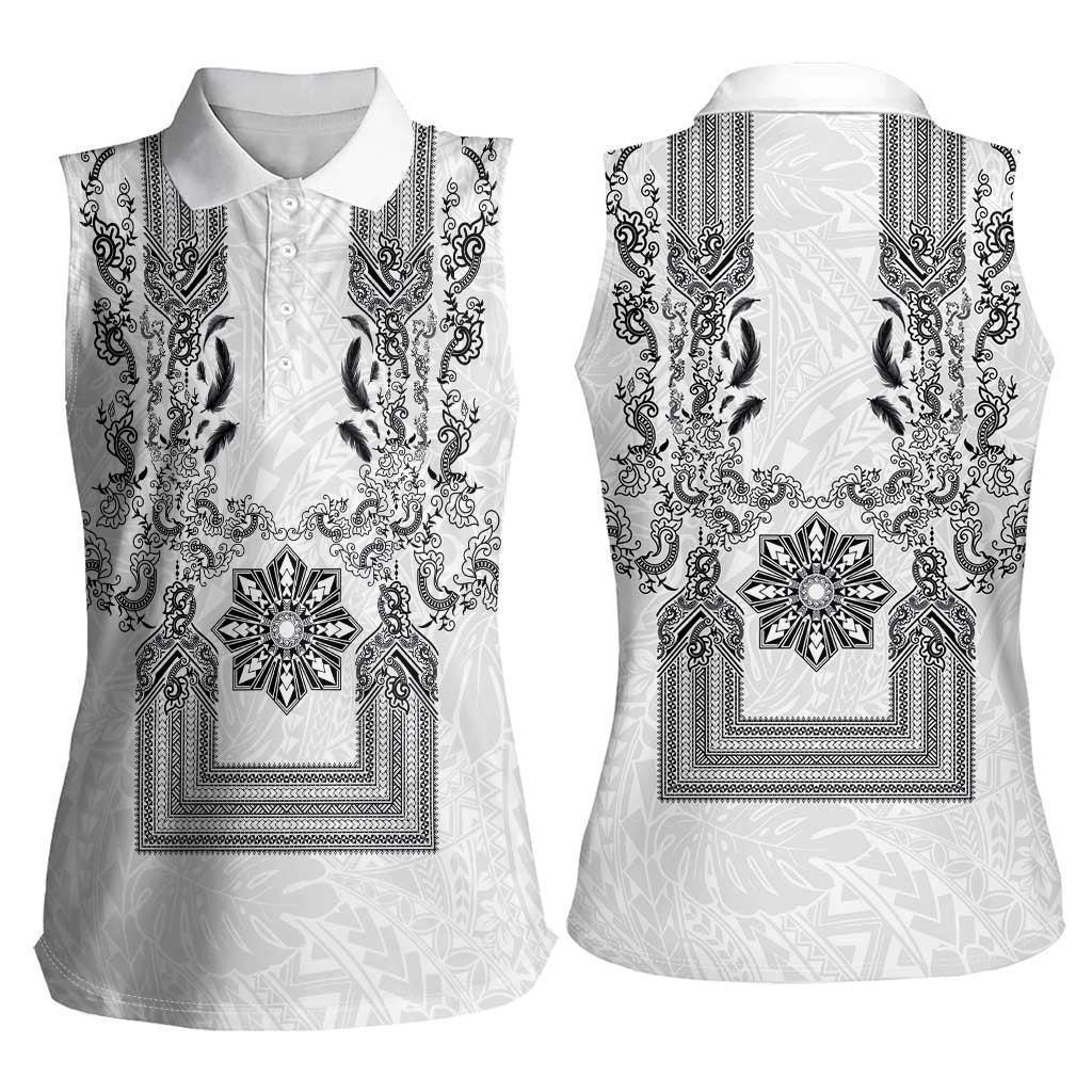 Philippines Barong Style Women Sleeveless Polo Shirt with Polynesian Art and Leaf Motif Black-White Color