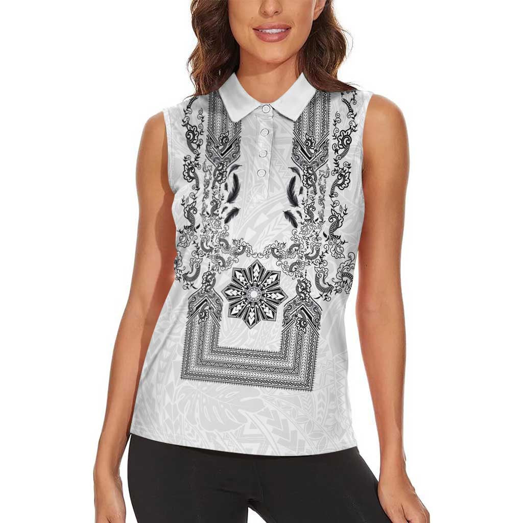 Philippines Barong Style Women Sleeveless Polo Shirt with Polynesian Art and Leaf Motif Black-White Color