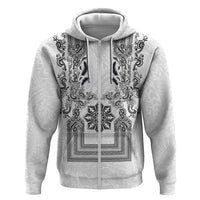 Philippines Barong Style Zip Hoodie with Polynesian Art and Leaf Motif Black-White Color