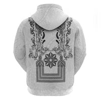 Philippines Barong Style Zip Hoodie with Polynesian Art and Leaf Motif Black-White Color