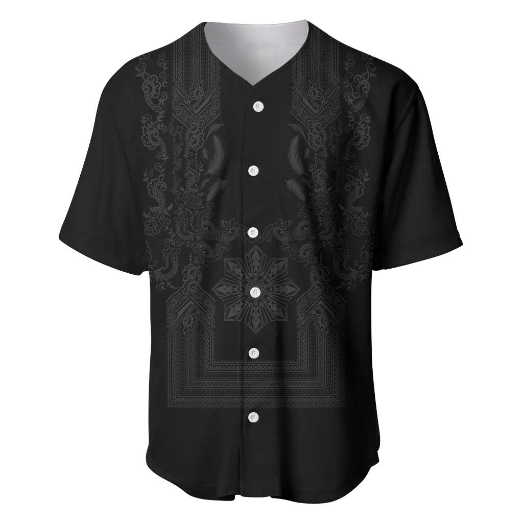 Philippines Barong Style Baseball Jersey with Polynesian Art and Leaf Motif Black Color