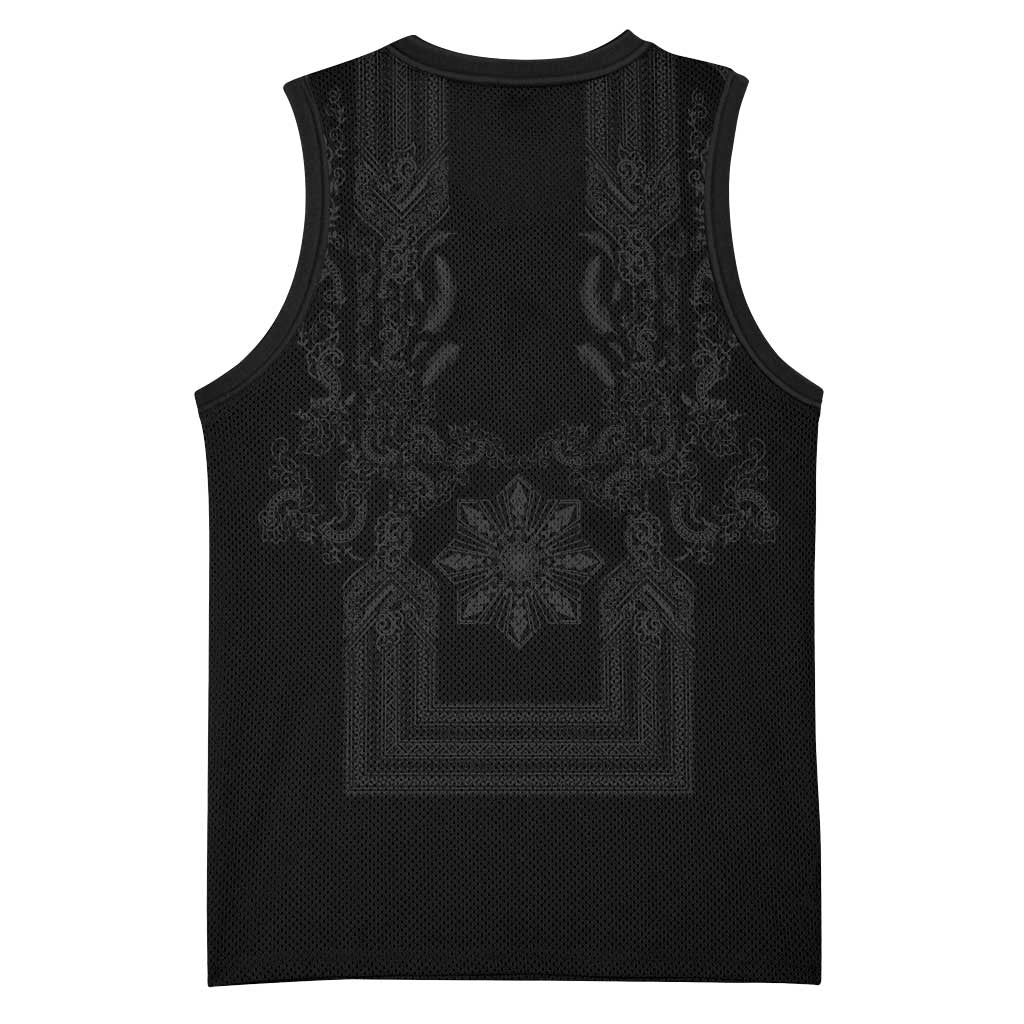 Philippines Barong Style Basketball Jersey with Polynesian Art and Leaf Motif Black Color