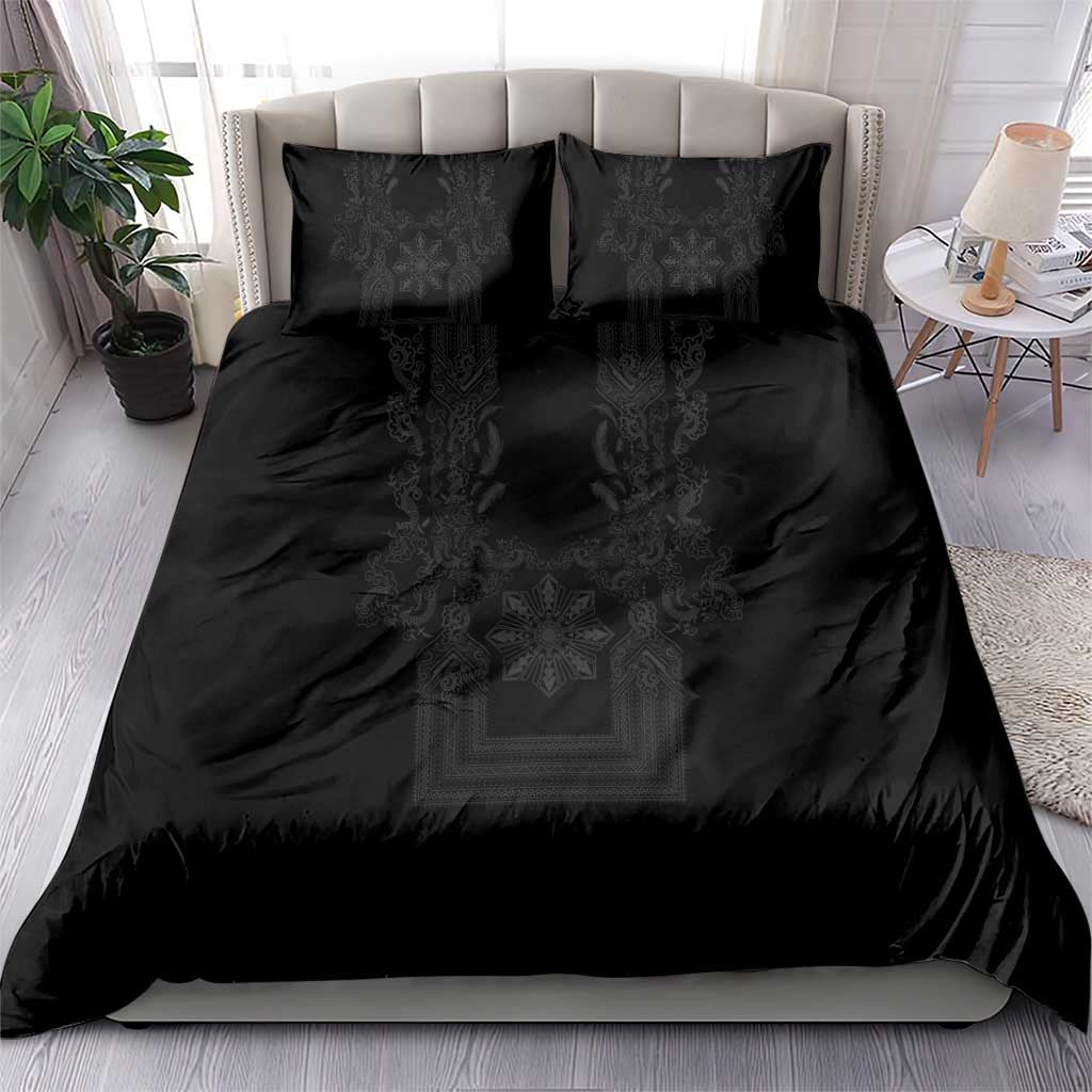 Philippines Barong Style Bedding Set with Polynesian Art and Leaf Motif Black Color