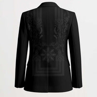 Philippines Barong Style Blazer with Polynesian Art and Leaf Motif Black Color