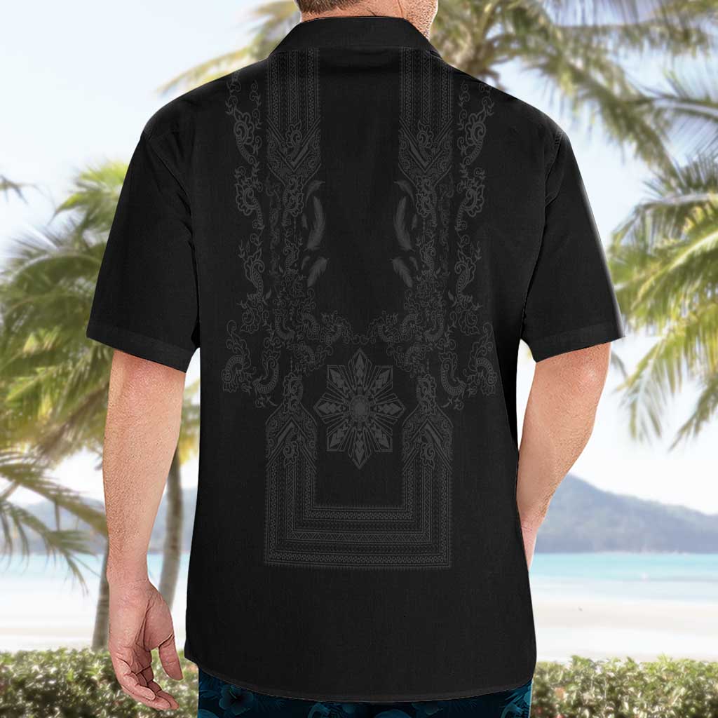 Philippines Barong Style Hawaiian Shirt with Polynesian Art and Leaf Motif Black Color