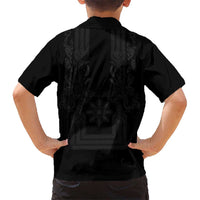 Philippines Barong Style Kid Hawaiian Shirt with Polynesian Art and Leaf Motif Black Color