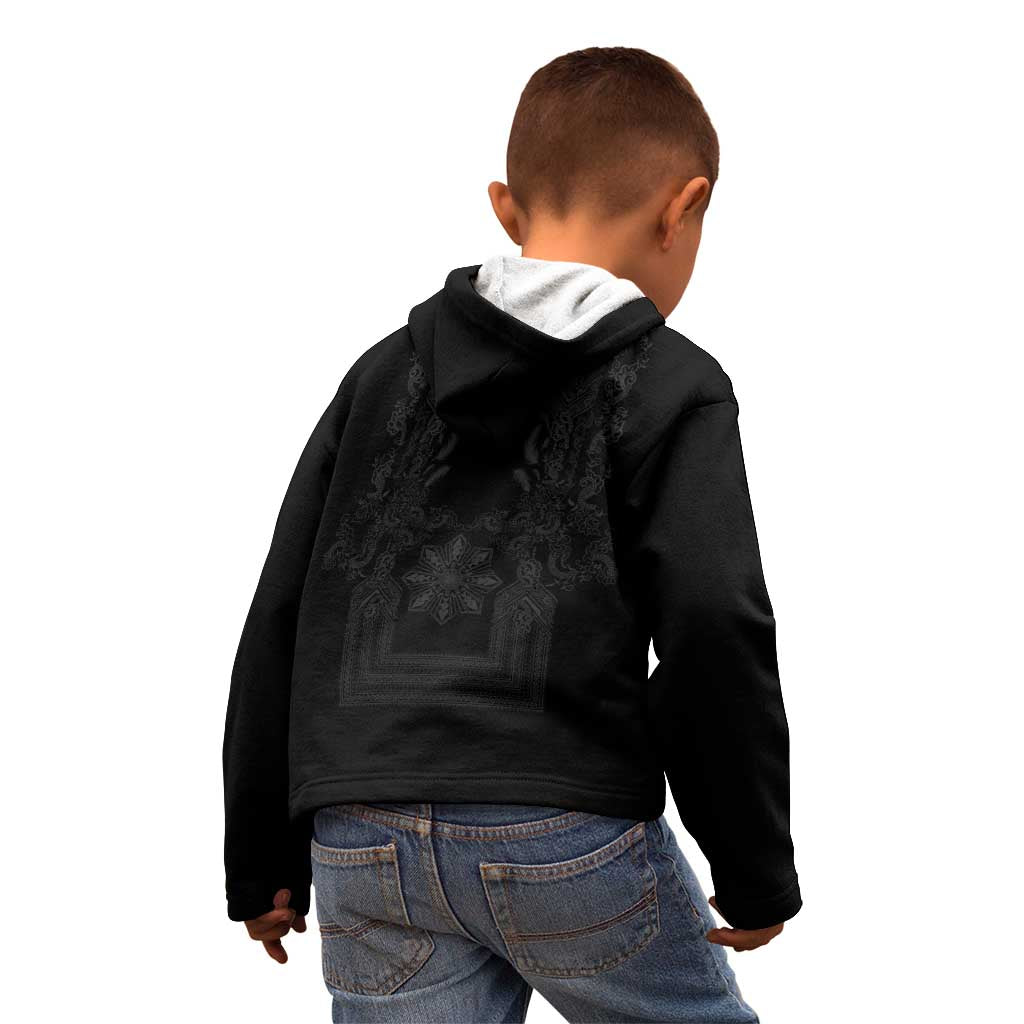 Philippines Barong Style Kid Hoodie with Polynesian Art and Leaf Motif Black Color