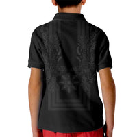 Philippines Barong Style Kid Polo Shirt with Polynesian Art and Leaf Motif Black Color