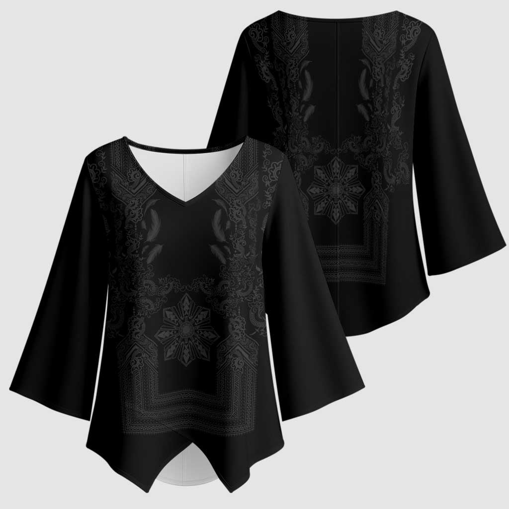 Philippines Barong Style Kimono Sleeve Blouse with Polynesian Art and Leaf Motif Black Color
