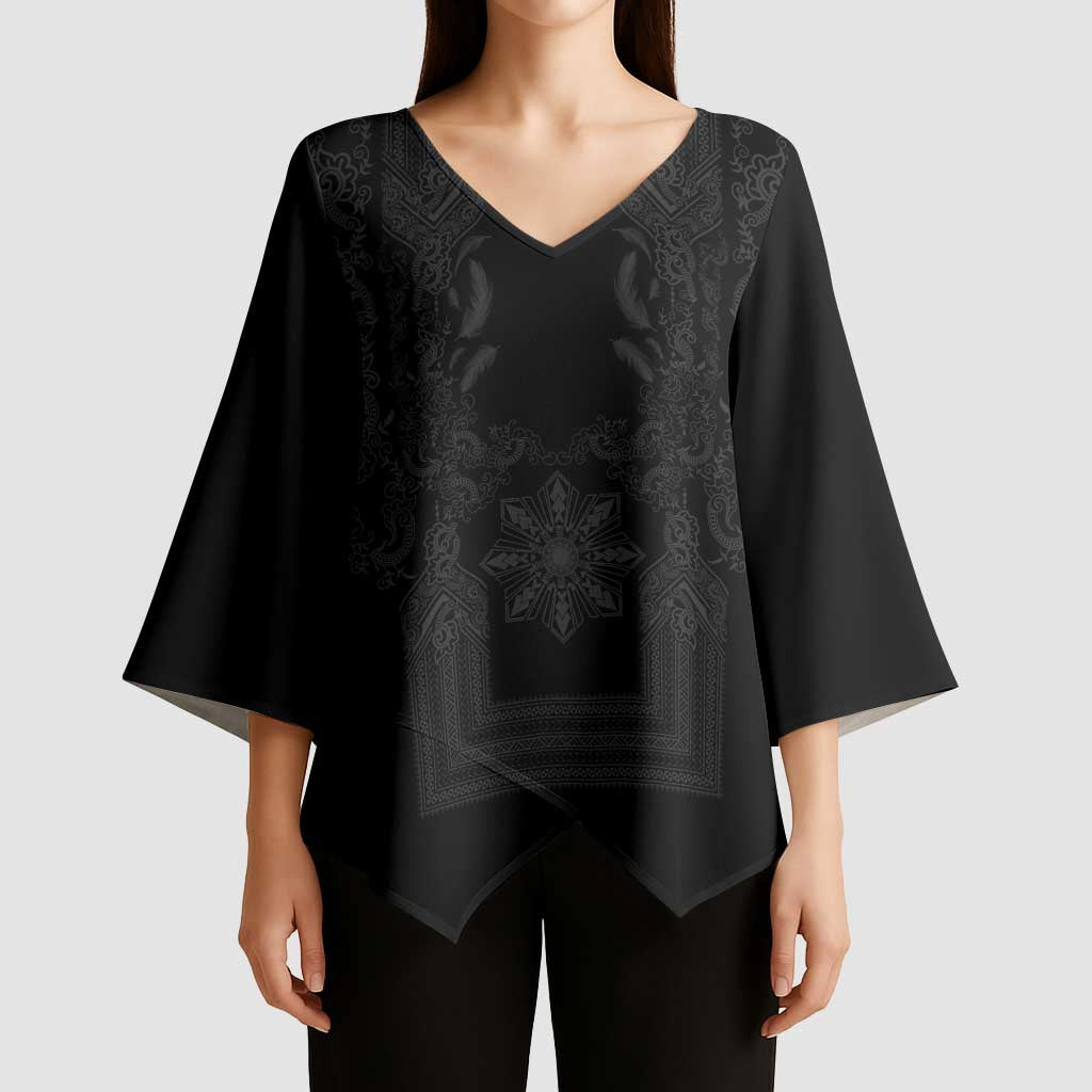 Philippines Barong Style Kimono Sleeve Blouse with Polynesian Art and Leaf Motif Black Color
