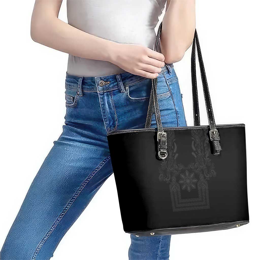 Philippines Barong Style Leather Tote Bag with Polynesian Art and Leaf Motif Black Color