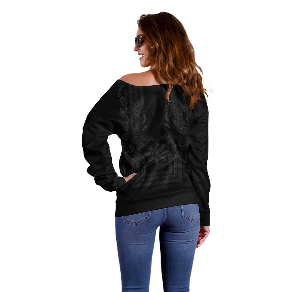 Philippines Barong Style Off Shoulder Sweater with Polynesian Art and Leaf Motif Black Color