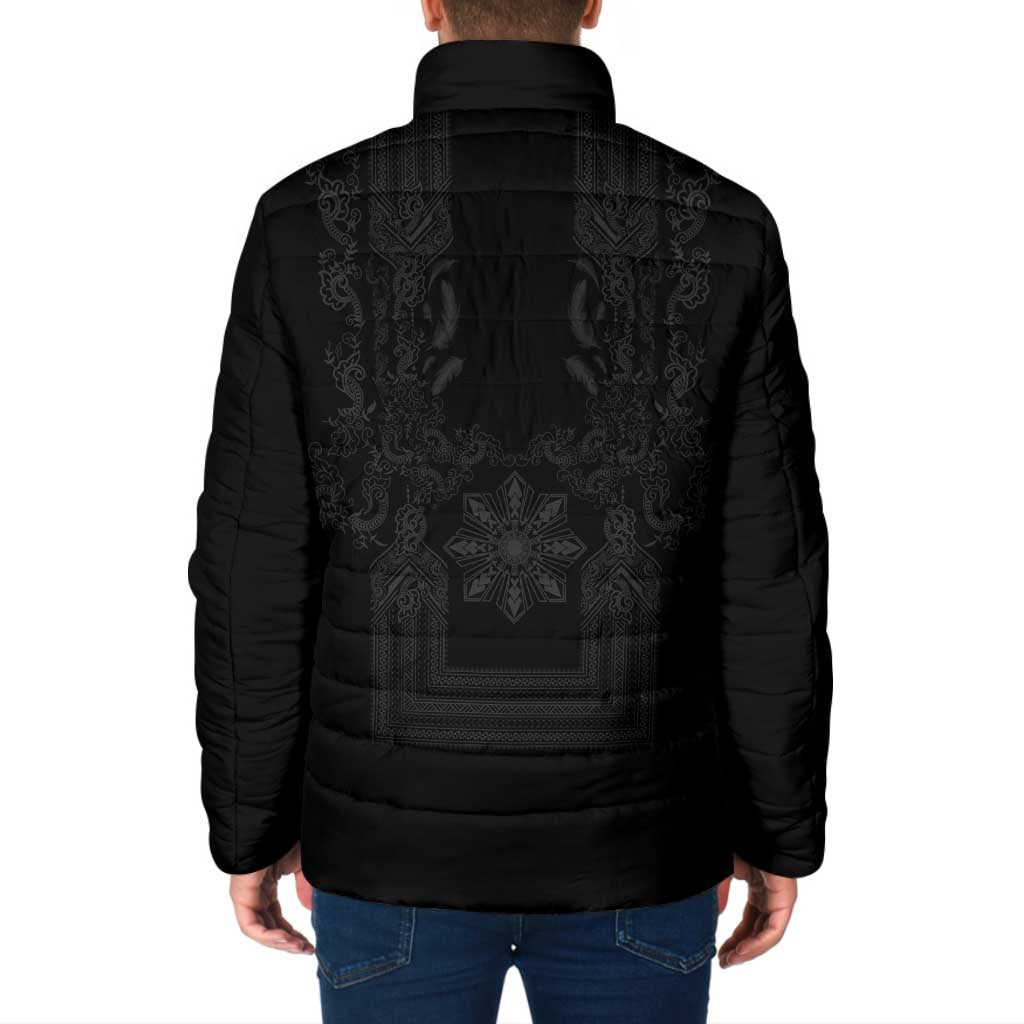 Philippines Barong Style Padded Jacket with Polynesian Art and Leaf Motif Black Color