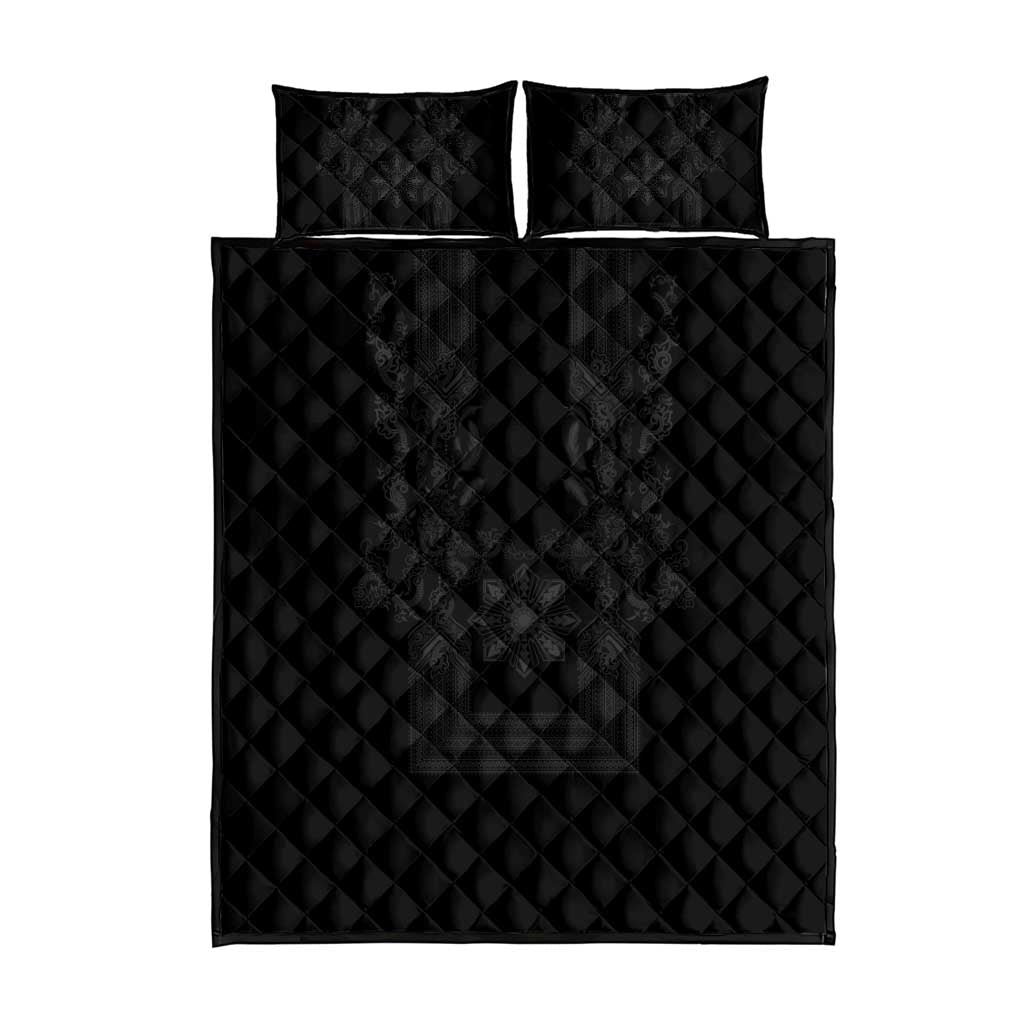 Philippines Barong Style Quilt Bed Set with Polynesian Art and Leaf Motif Black Color