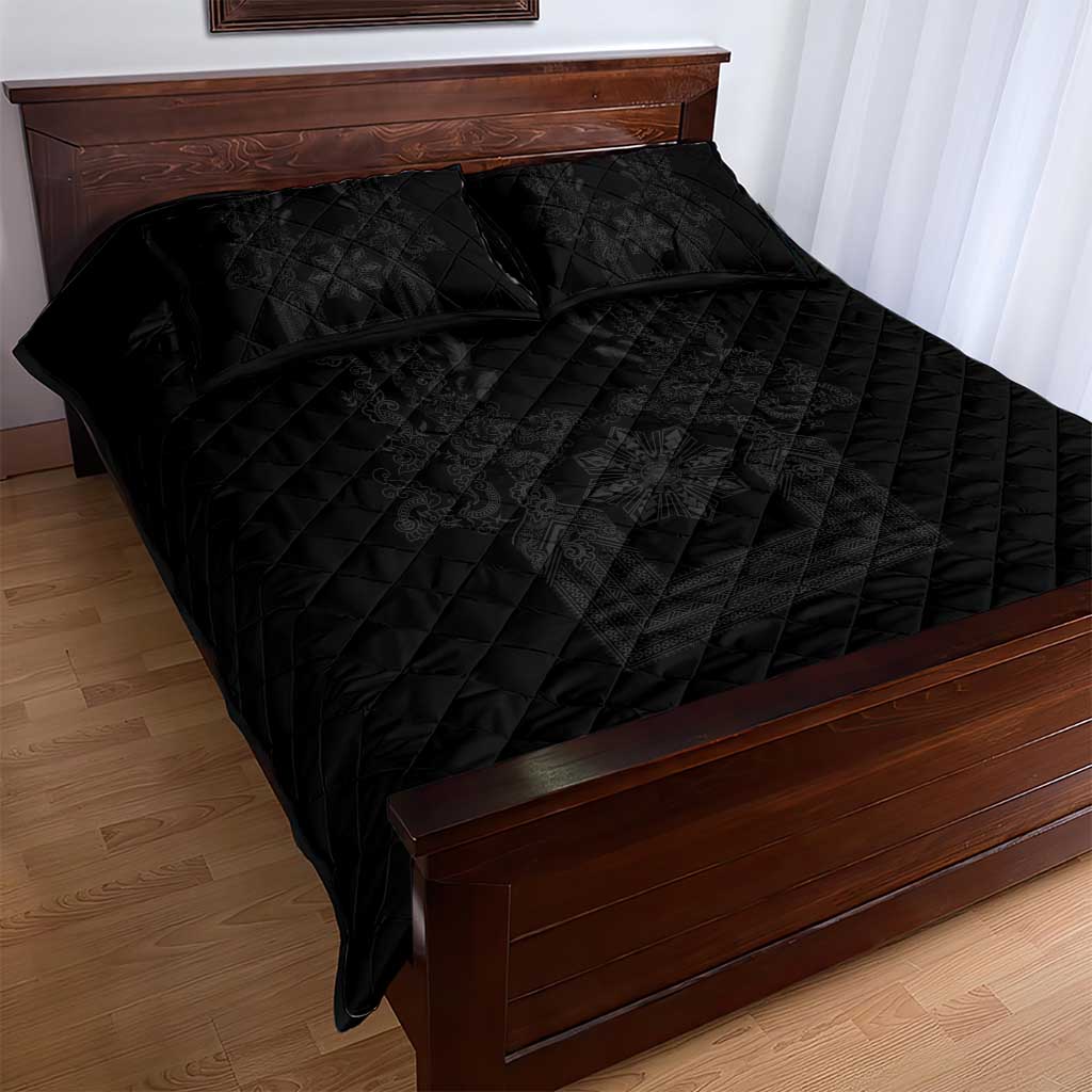Philippines Barong Style Quilt Bed Set with Polynesian Art and Leaf Motif Black Color