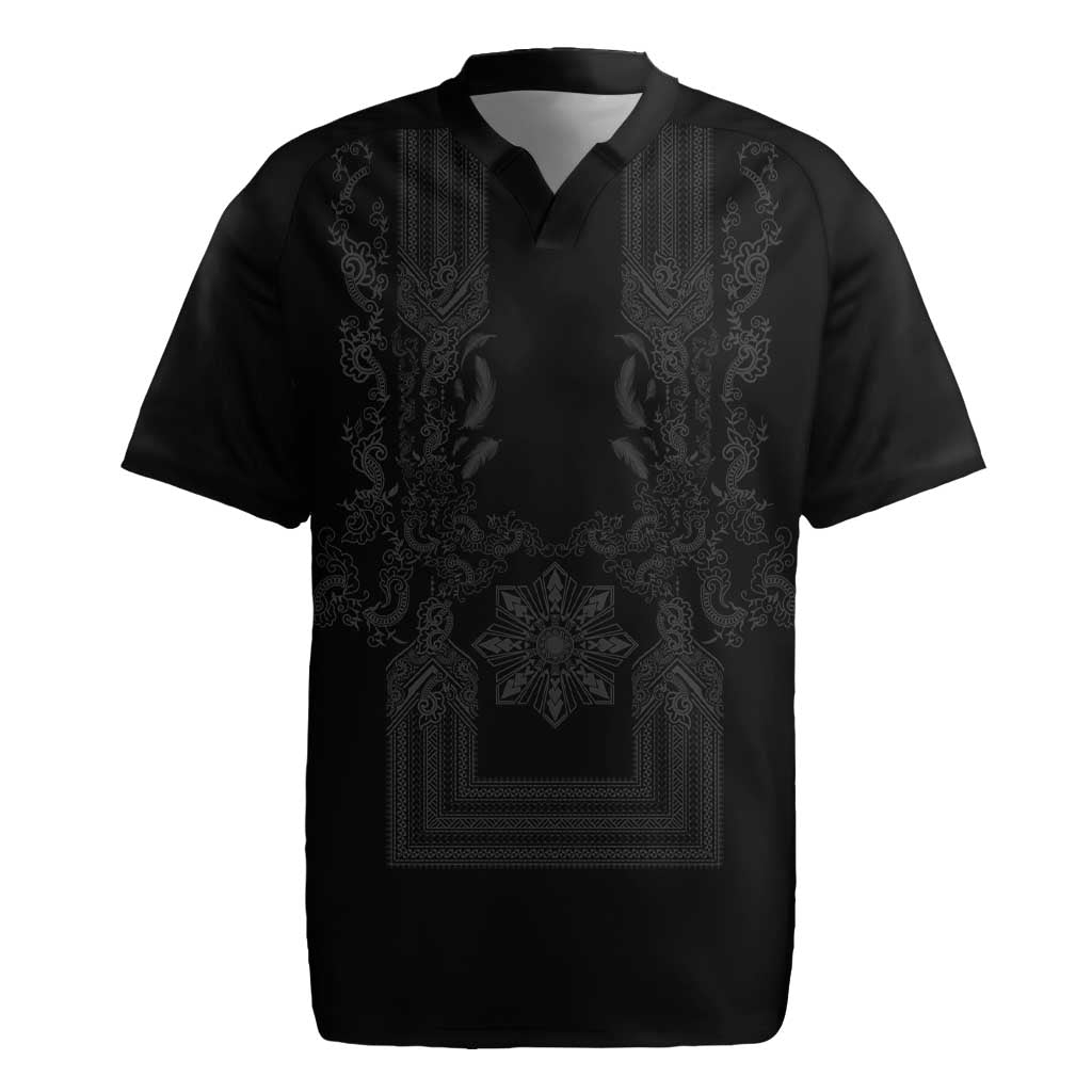 Philippines Barong Style Rugby Jersey with Polynesian Art and Leaf Motif Black Color